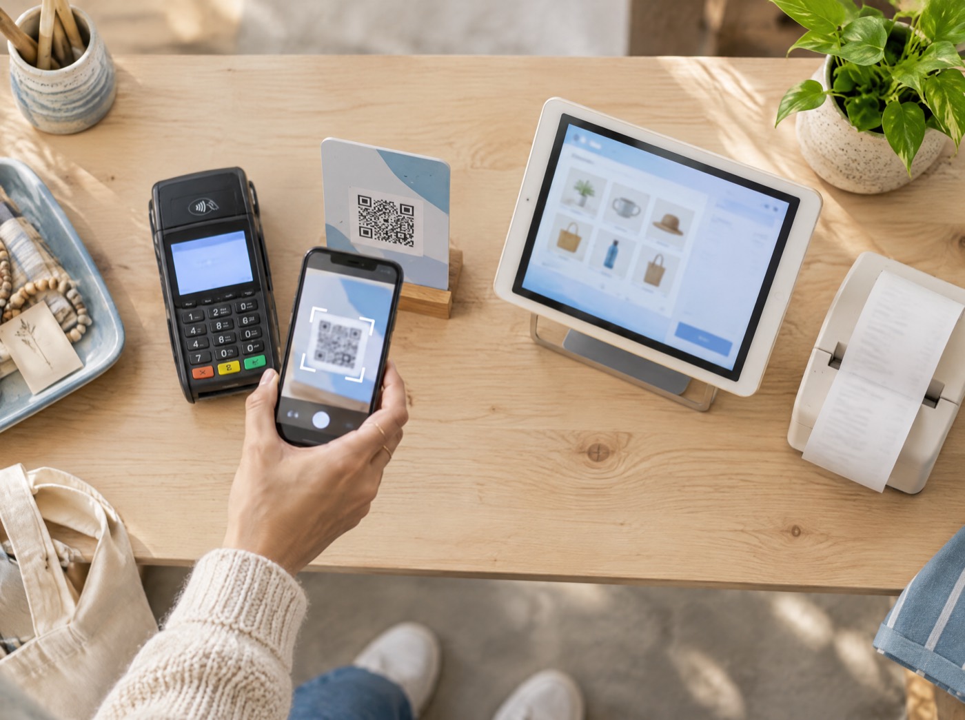 A checkout counter with a card terminal, a phone showing a QR payment and a tablet POS